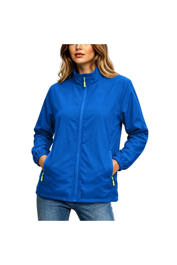Women Stand Collar Full Zip Lightweight Jacket Casual Windproof Softshell Coat with Pockets, Thin Outdoor Hiking Travel Windbreaker for Fall Blue