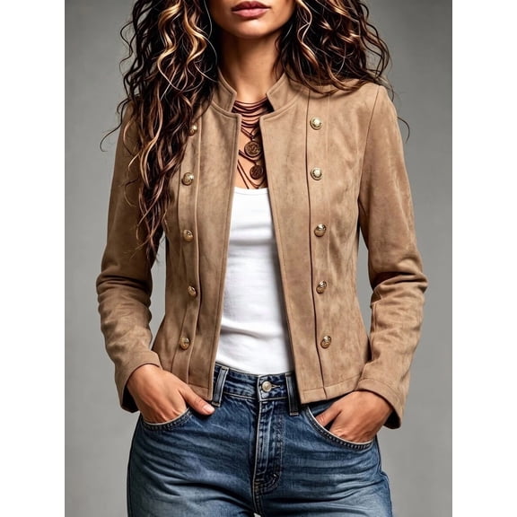 Women Stand Collar Short Jacket, Long Sleeve Double Breasted Outerwear, Casual Fashion Clothes