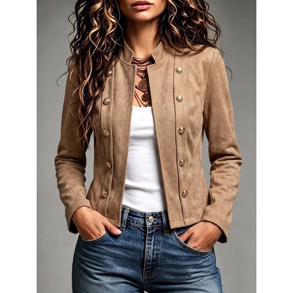 Women Stand Collar Short Jacket, Long Sleeve Double Breasted Outerwear, Casual Fashion Clothes