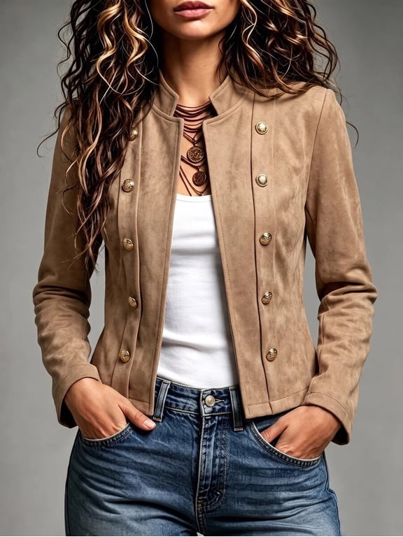 Women Stand Collar Short Jacket, Long Sleeve Double Breasted Outerwear, Casual Fashion Clothes