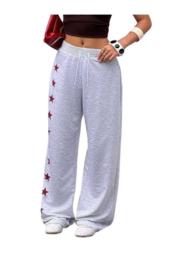 Women Star Graphic Two Side Star Streetwear Wide Leg Pants Gray M