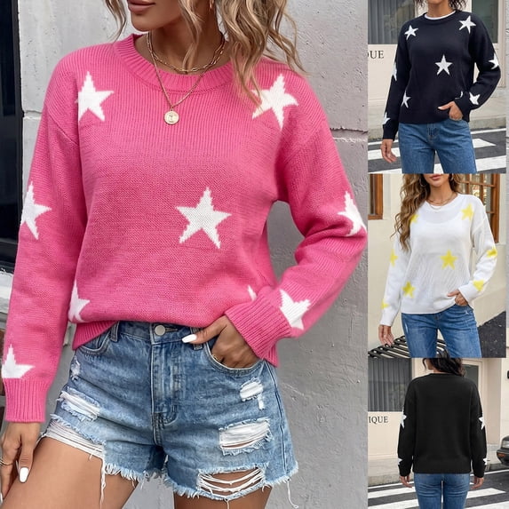 Women Star Jacquard V Neck Knit Sweater Long Sleeve Loose Oversized Pullover Top Soft Casual Star Pattern Knitted Blouses for Fall Winter White