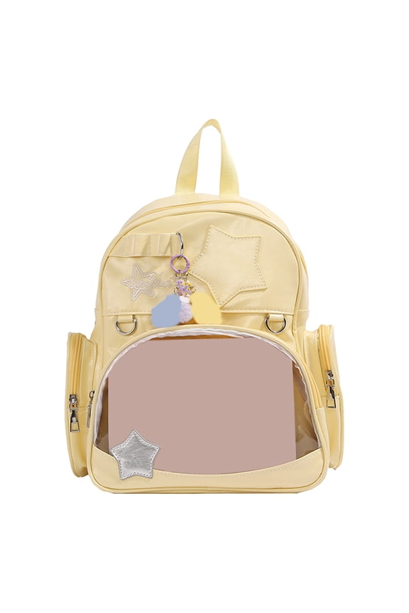 Women Star Print Ita Bag Large Capacity PU Casual Backpack with Transparent Display Window Y2K Travel Daypack Adjustable Strap (Yellow)