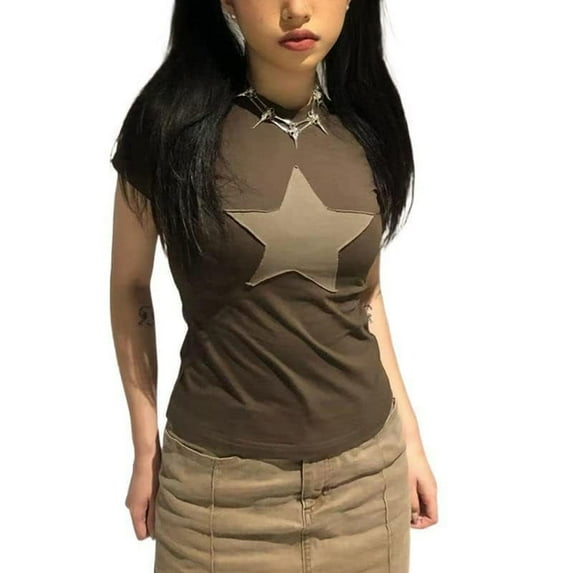 Women Star Print Short Sleeve T Shirt Y2K Vintage Graphic Crop Top E Girls Fairy Grunge Aesthetic Baby Tees Steetwear