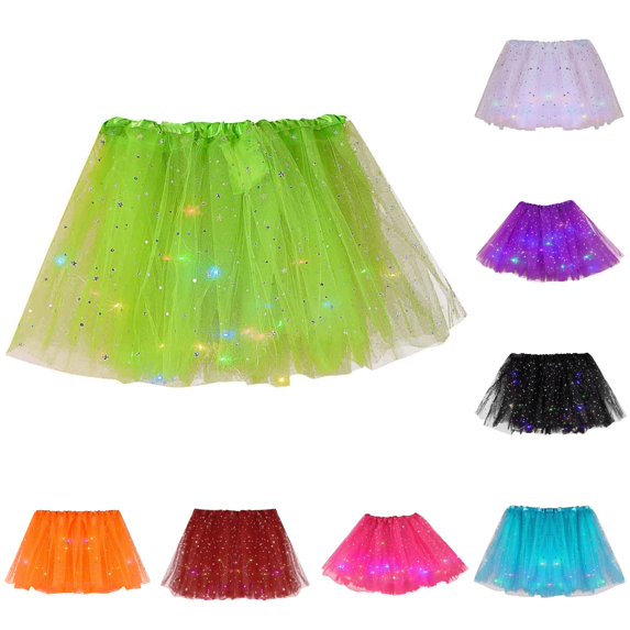 Women Star Sequins Mesh Pleated Skirt with LED Small Bulb Skirt Womens Plaid Skirt One Size