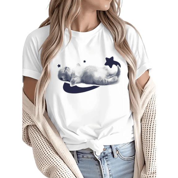 Women Starry Cat Print Graphic Fun Tees Tops Round Neck Cotton T-Shirt White S-5XL