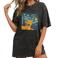 thumbnail image 1 of Women Starry Night Cat UFO Van Gogh Style Graphic Fun Tees Tops Round Neck Washed Cotton T-Shirt Black S-2XL Plus Size, 1 of 5