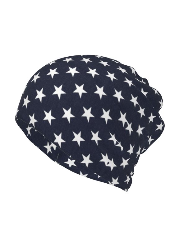 Women Stars Navy Blue White Slouchy Beanie Hat Stretch Turban Hats Headwear Caps Baggy Skull Sleep Scarf