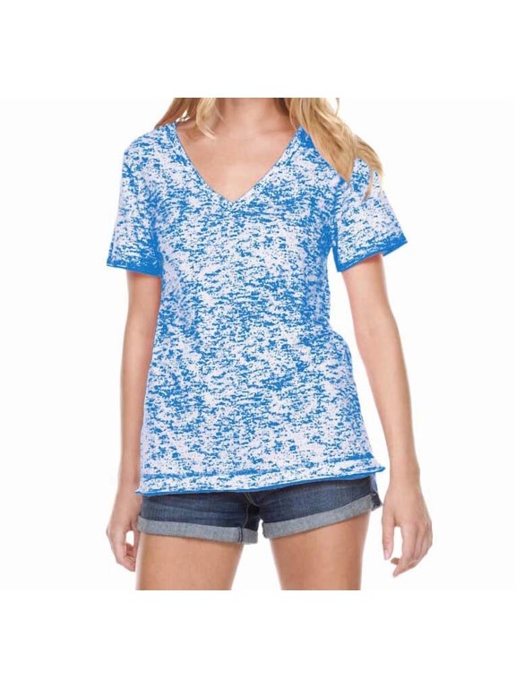 Women Static Jersey Print V Neck Raw Edge Short Sleeve, Style WJP0652