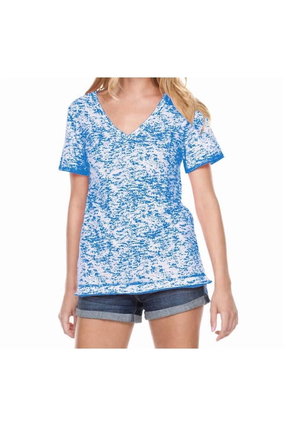 Women Static Jersey Print V Neck Raw Edge Short Sleeve, Style WJP0652
