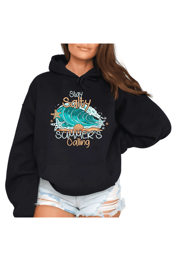 Women Stay Salty Summer's Calling Beach Wave Graphic Hooded Long Sleeved Tops Crew Neck Printed Cotton Hoodie Black S-2XL