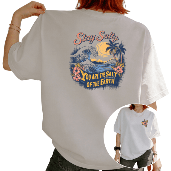 Women Stay Salty Wave Palm Flower Blue Orange Retro Back Print Graphic Tees T Shirt Tops Round-neck Printed Cotton T-Shirt White S-5XL