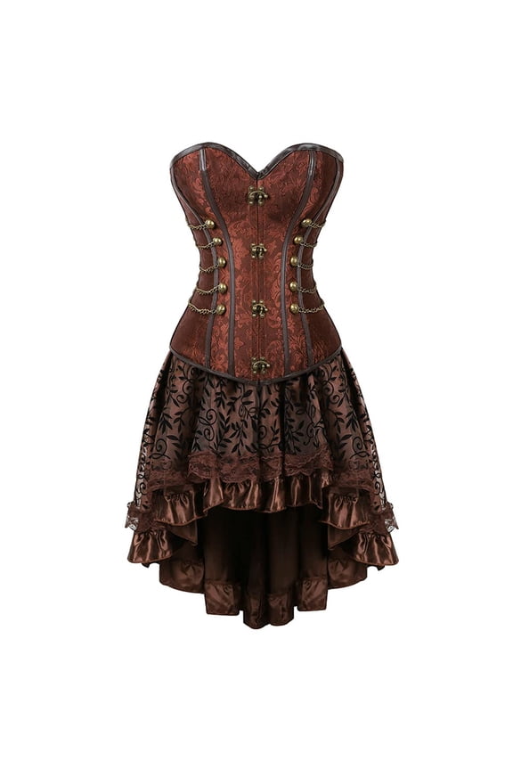 Women Steampunk Brocade Boned Bustiers Corset with Skirt Pirate Set Brown M