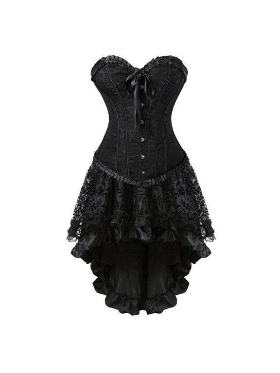 Women Steampunk Brocade Lace Up Boned Bustiers Corset with Skirt Party Set Black XXS