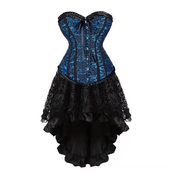 Women Steampunk Brocade Lace Up Boned Bustiers Corset with Skirt Party Set Blue M