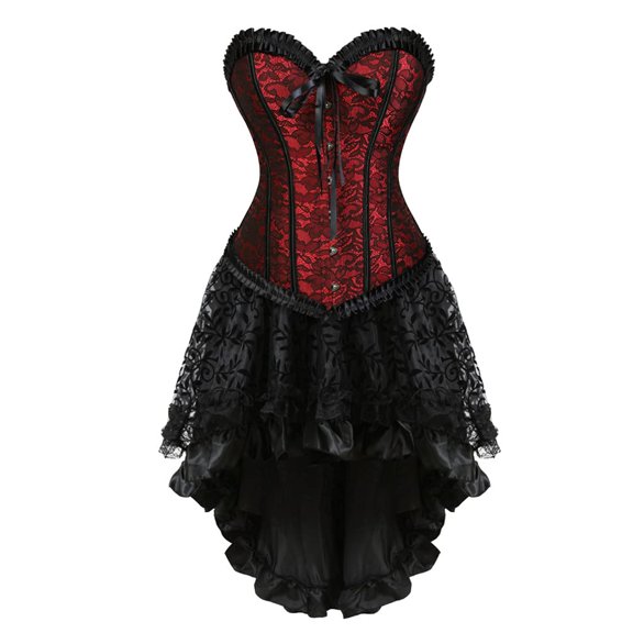 Women Steampunk Brocade Lace Up Boned Bustiers Corset with Skirt Party Set Red L