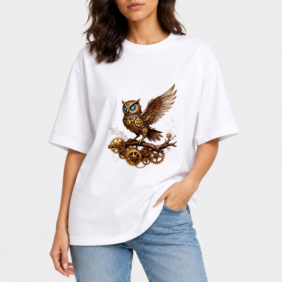 Women Steampunk Mechanical Gear Owl On Branch Oversized Tee, Bronze Gear Owl Graphic Tshirt