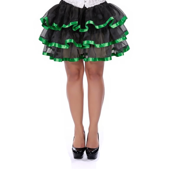Grebrafan Women Steampunk Multi Layer Black Skirt with Green Trim 7XL