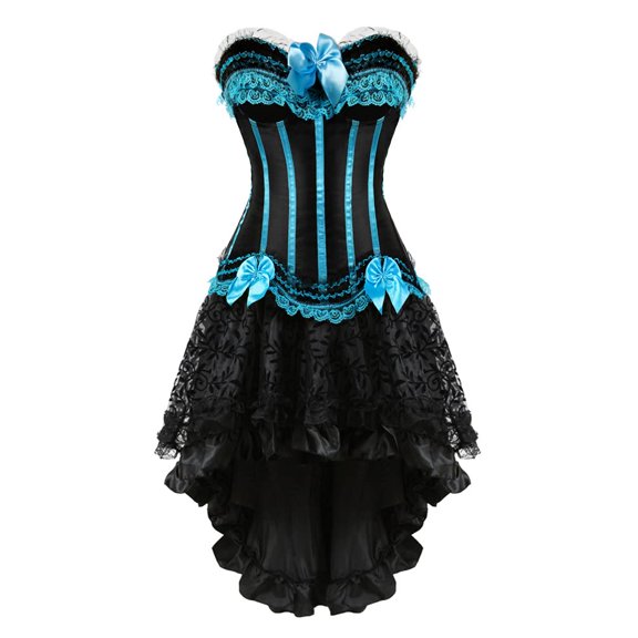 Women Steampunk Striped Boned Bustiers Corset with Skirt Medieval Set Turquoise M