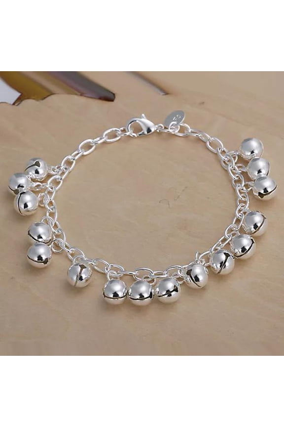Women Sterling Silver P Bell Beads Charm Bracelet 8 Inches 1.8MM Lobster L58