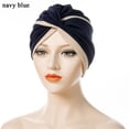 thumbnail image 1 of Women Stitched Forehead Two Color Muslim Hijab Twisted Turban Hat Indian Hats NAVY BLUE, 1 of 8