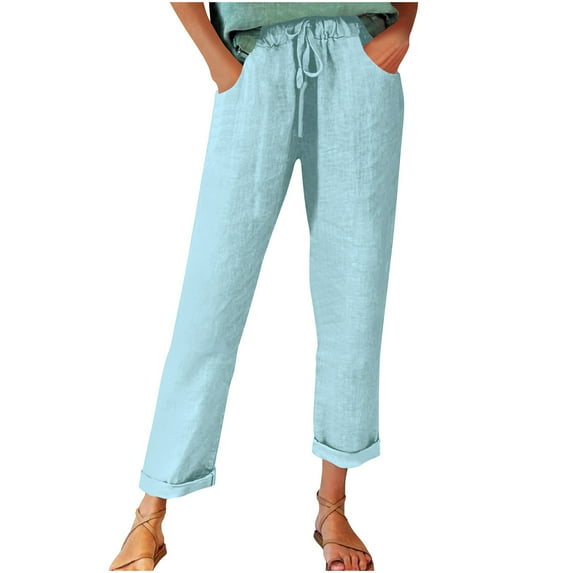 Women Straight Leg Casual Pant Cotton Linen Capris Rolled Hem Bottom Mid Rise Trousers Drawstring Elastic Waist Pant Solid Color Bottoms Lightweight Breathable Slacks Loose Fitted Trouser
