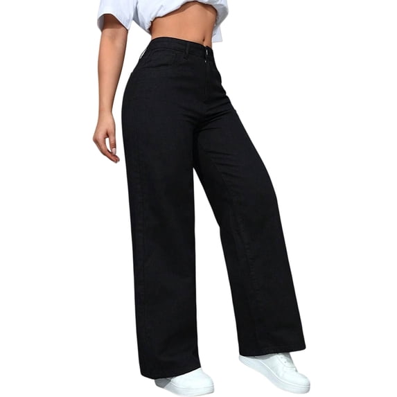 Women Straight Leg Jeans High Waisted Stretchy Wide Leg Boyfriend Jeans Denim Pants Black XXL