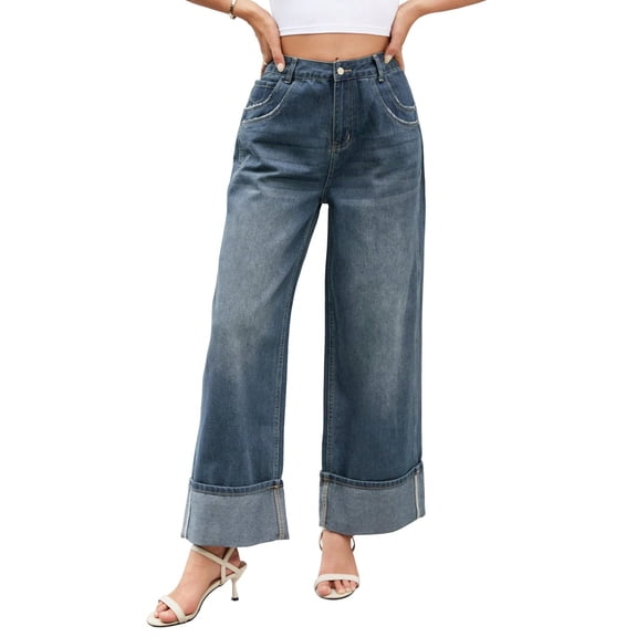 EMMIOL Women's Wide Leg Jeans Mid Waist Stretchy Loose Fit Jeans Baggy Boyfriend Denim Pants with Cuffed Hem