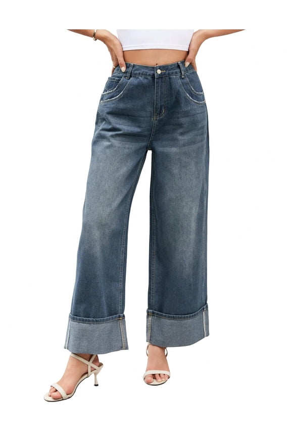 Women's Wide Leg Jeans Mid Waist Stretchy Loose Fit Jeans Baggy Boyfriend Denim Pants with Cuffed Hem