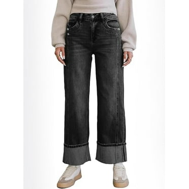 EMMIOL Women's Wide Leg Jeans Mid Waist Stretchy Loose Fit Jeans Baggy Boyfriend Denim Pants with Cuffed Hem