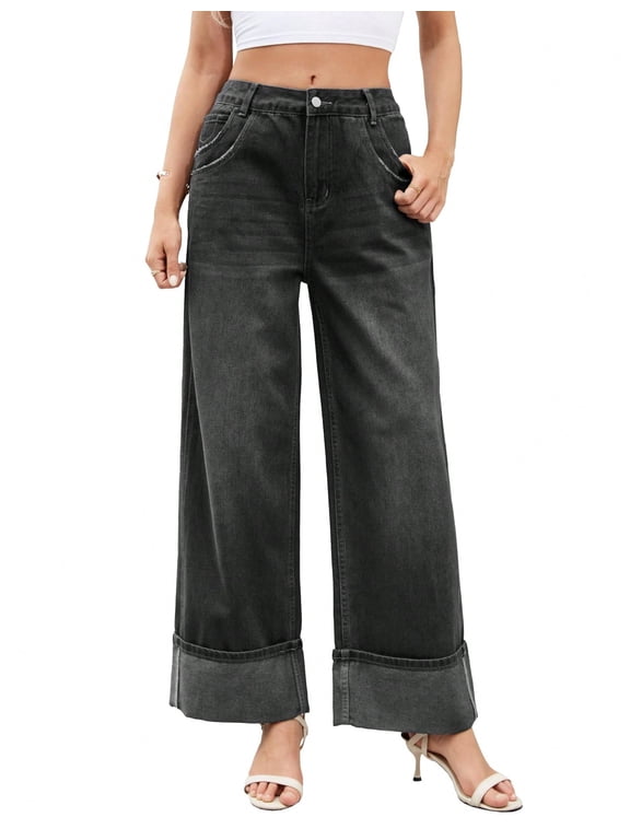 Women's Wide Leg Jeans Mid Waist Stretchy Loose Fit Jeans Baggy Boyfriend Denim Pants with Cuffed Hem