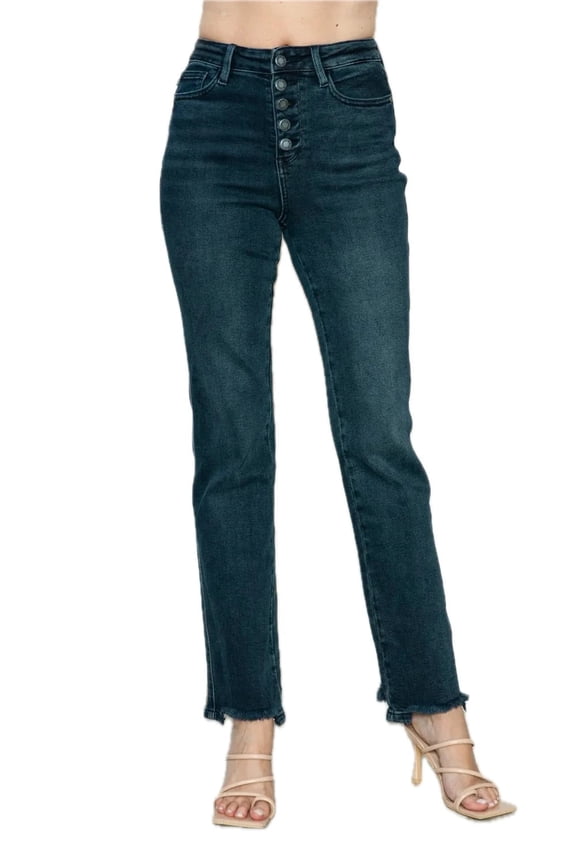 Women Straight Leg Jeans with Button Fly Distressed Raw Hem Durable Denim for Everyday Casual Wear with Front Pockets
