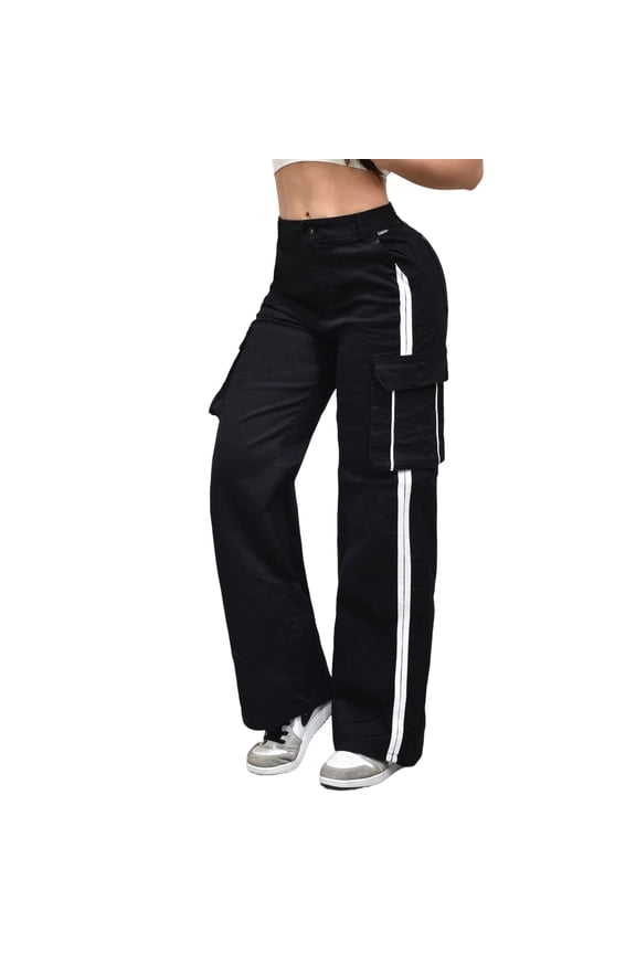 Women Straight Leg Pants Button Zipper Stripes Trousers Loose Casual Stylish Pant With Multi Pockets (S, Black-A)