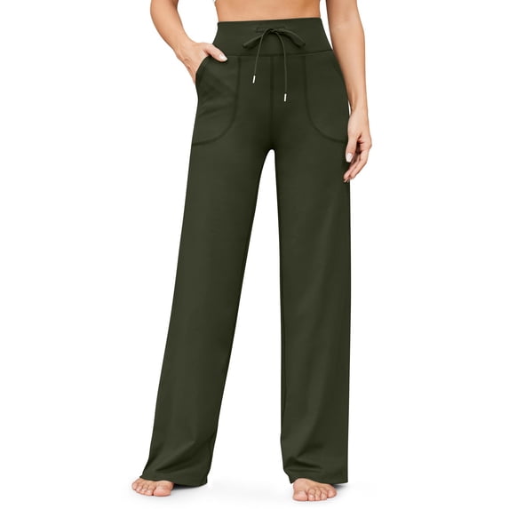 Women Straight Leg Pants For Pockets Yoga Wide Leg with Pocket Baggy Pants Stretch Bootcut High Waisted Athletic Jogger Pants Drawstring Casual Fleece Lined Sweatpants Army Green L