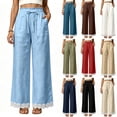 thumbnail image 1 of Women Straight Leg Pants with Lace Hem Trim, Elastic Drawstring Waist Casual Long Trousers with Pockets, Solid Loose Daily Pants for Vacation Blue XL(XL), 1 of 7