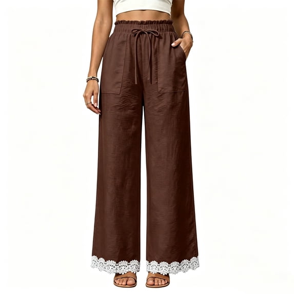 Women Straight Leg Pants with Lace Hem Trim, Elastic Drawstring Waist Casual Long Trousers with Pockets, Solid Loose Daily Pants for Vacation Brown L(L)