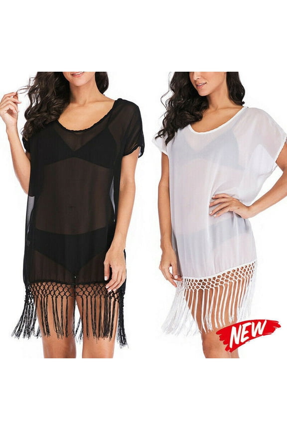 Women Strap Skirt Fringe Dress Swimwear Beach Hot Group Bikini Black White