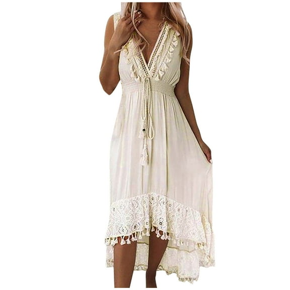 Women Strap Sleeveless Beach Bohemian Maxi Dress Robe Ladies Deep V-Neck Tassel Lace Boho White Dresses