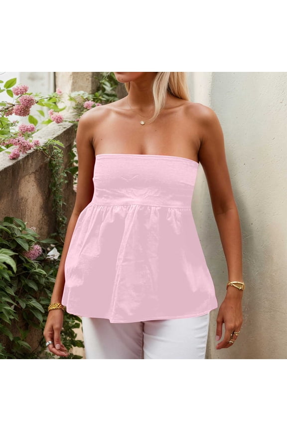 Women Strapless Backless Ruffle Flowy Tube Top Summer Off Shoulder Pleated Bandeau Going Out Peplum Top, L, Pink