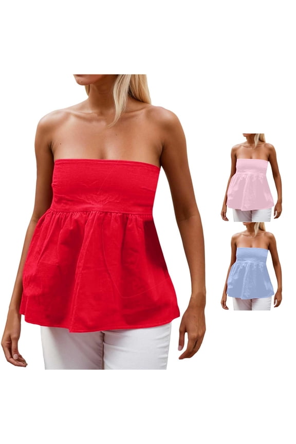 Women Strapless Backless Ruffle Flowy Tube Top Summer Off Shoulder Pleated Bandeau Going Out Peplum Top Pajama Top Big And Tall Tops