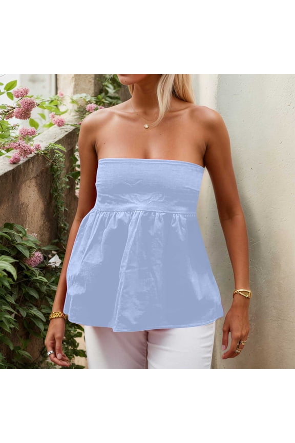 Women’s Tanks Women Strapless Backless Ruffle Flowy Tube Top Summer Off Shoulder Pleated Bandeau Peplum Top for Going Out Blue S