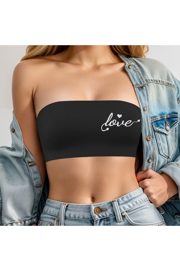 Women Strapless Bandeau Bra Love Patten Tube Tops Bra Bralette Seamless Comfortable Non-Padded Bra