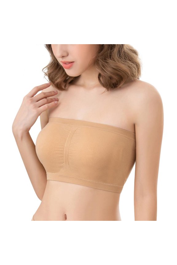 Women Strapless Bandeau Bra Seamless Bralettes Ladies Stretchy Chest Wrap Bandeau Crop Tube Top Removable Padding Bra,Beige S