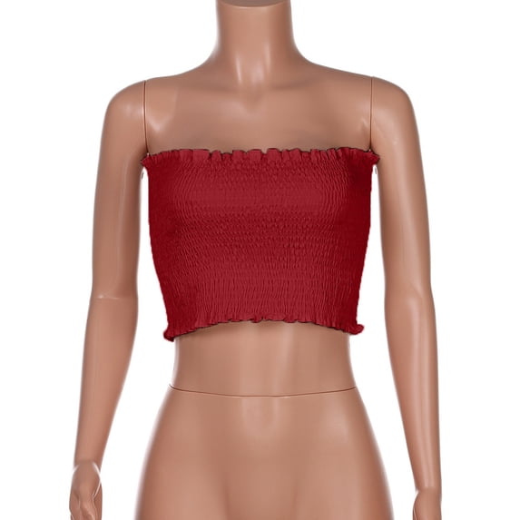 Women Strapless Bandeau Wrap Bra Tops Elastic Blouse, M, Red
