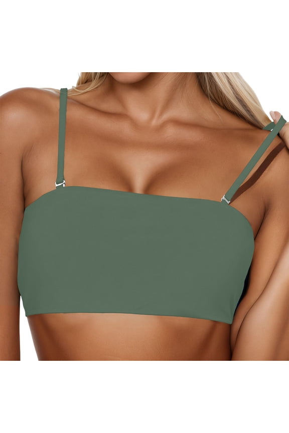 Women Strapless Bikini Top Solid Color Detachable Straps Only Bandeau Swim Top Tube Top Swimsuit Green M