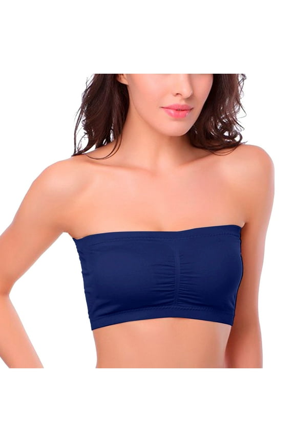 Women Strapless Bra Size Plus Removable Padded Top Stretchy Bra Strapless Double Bandeau Soft Bralette Underwear Wire Bra Navy XL