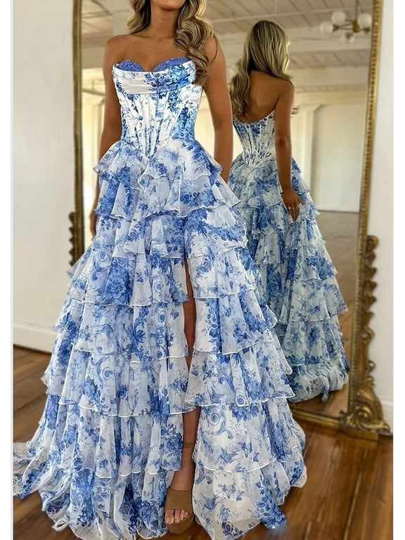 Women Strapless Floral Chiffon Maxi Dress, Tiered Ruffle High Slit Sweetheart Formal Gown for Prom, Wedding Guest, Sizes S-XXL