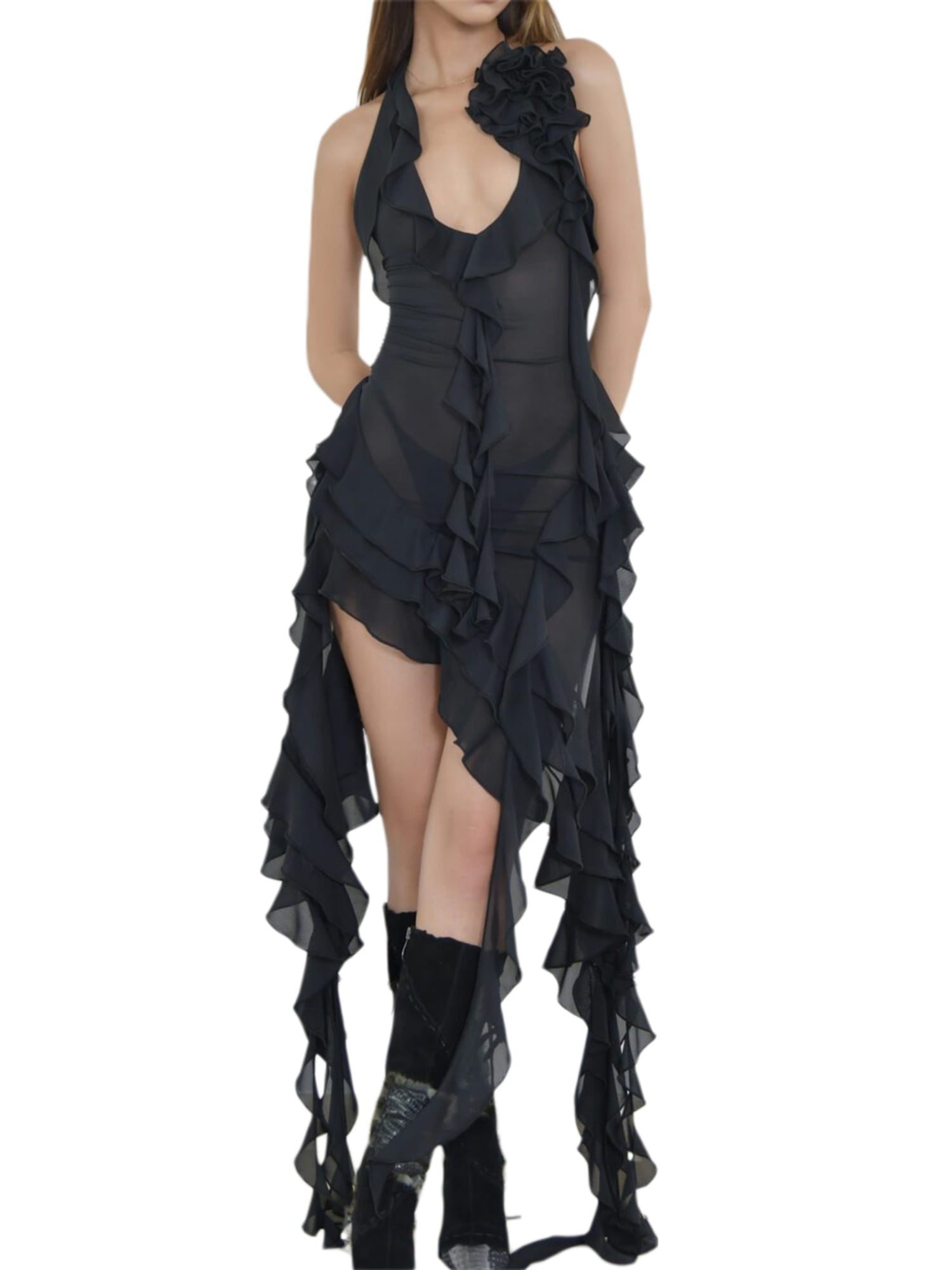 Sexy Solid Strapless Hanging Neck Asymmetrical Dress Sexy Solid Strapless Hanging Neck Asymmetrical Dress