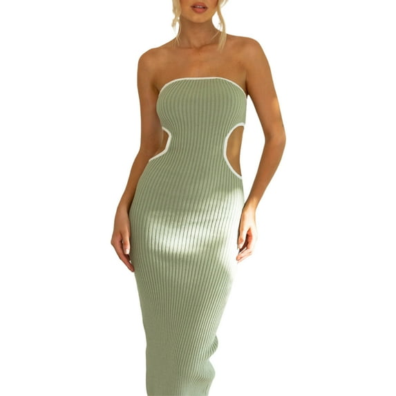 Women Strapless Knitted Long Dress Sexy Twisted Front Sleeveless Tube Dress Bodycon Split Party Club Dress
