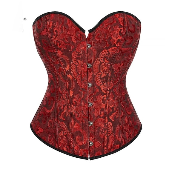 Women Strapless Lace Jacquard Peacock Corset and Bustier Top with Steel Boning for Waist Training Party Costume Outfit Wine 2XL